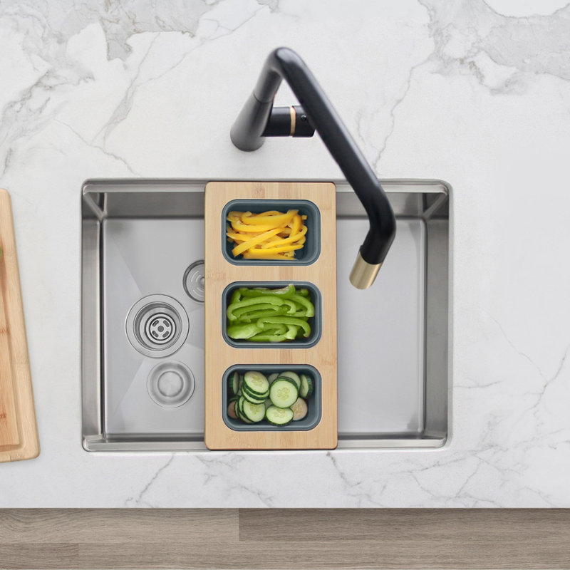Kitchen Sink Bamboo Serving Board Set With 3 Collapsible Containers, 0.87" H x 18" W x 8.5" D