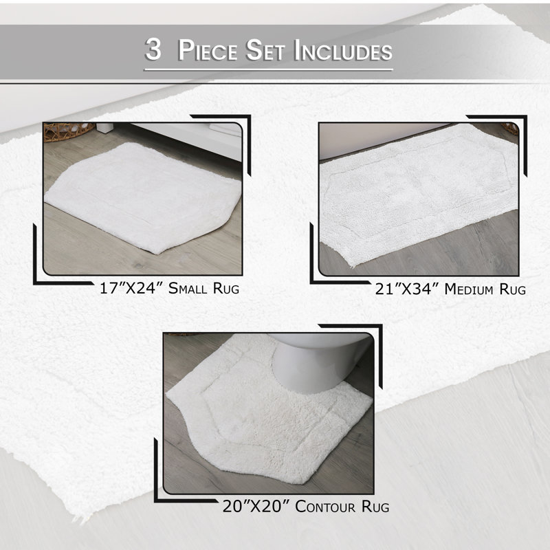 Morissette 100% Cotton Bath Rug, Non-Slip, Quicky Dry, Machine Washable, Absorbent - 3 Piece Set, White