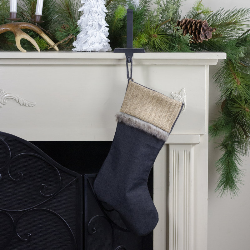 20" Blue and Beige Burlap Chambray Christmas Stocking with Faux Fur Trim