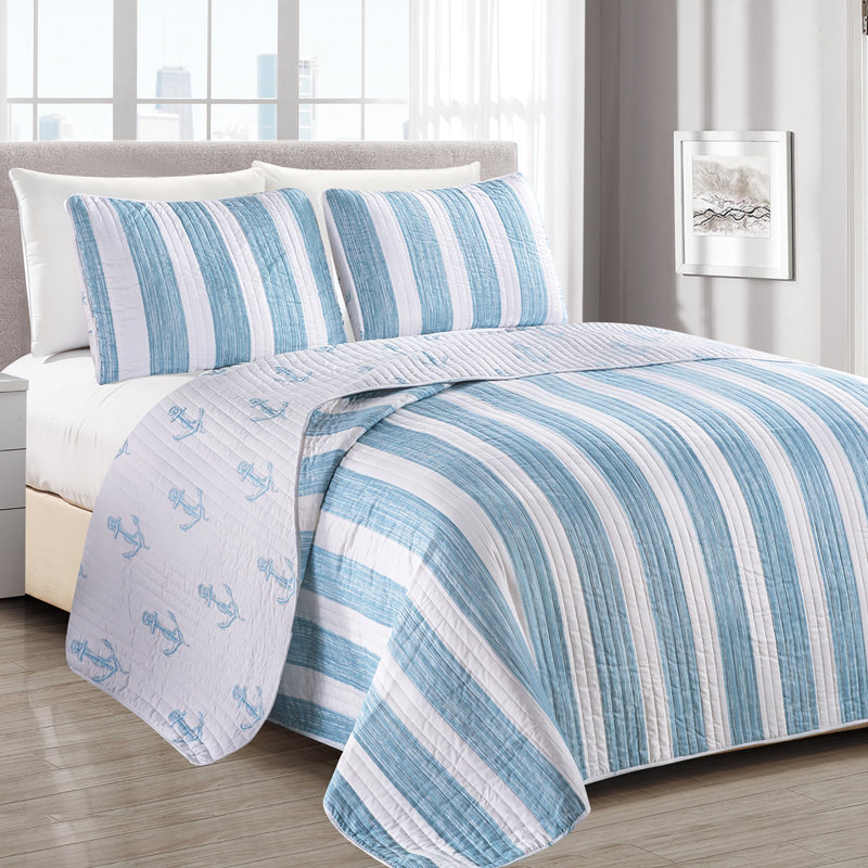 Casco Bay Blue Striped Reversible Full Microfiber Quilt Set
