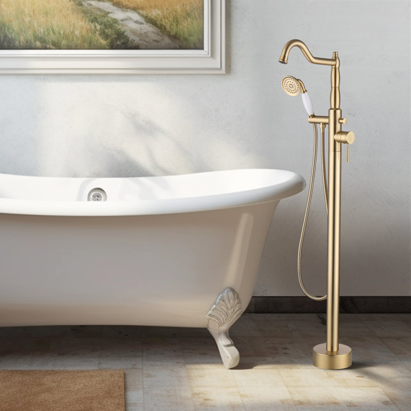 Cisy Floor Mounted Freestanding Tub Filler with Diverter and Handshower, Brushed Gold