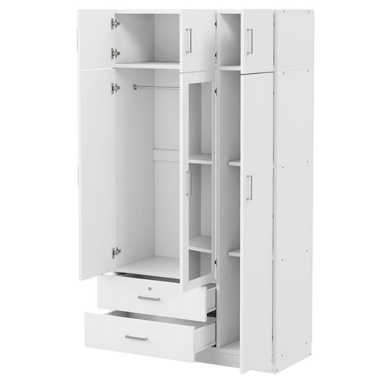 Armoire à miroir 3 portes avec 2 tiroirs et armoire supérieure, Blanc