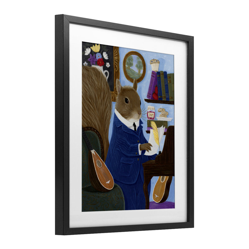 «Gentleman Squirrel Composer», reproduction d'art sous verre, conception de Gina Matarazzo, Cadre noir minuit sous verre
