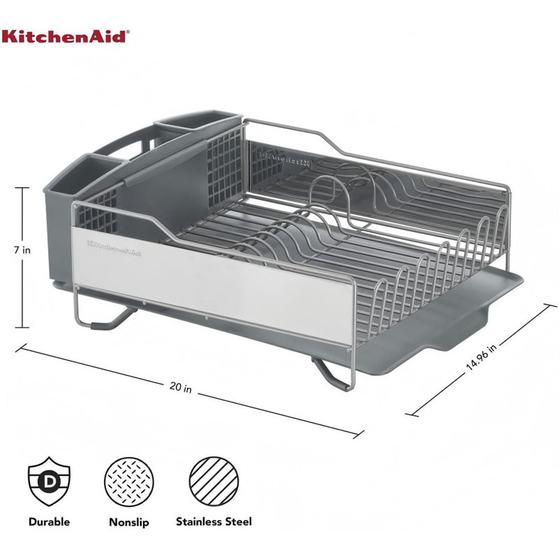 Large Capacity Full Size Rust Resistant Dish Rack With Angled Drain Board And Removable Flatware Caddy, Light Grey