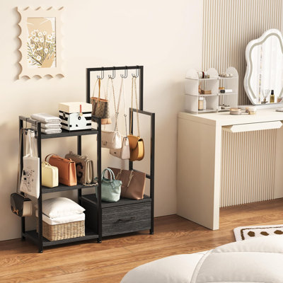 3-Tier Wooden Purse Display with Large Drawer & 6 Hooks,Large purse storage organizer , Handbag Display Stand Shelf for Closet, Bedroom, Entryway,(Gray)