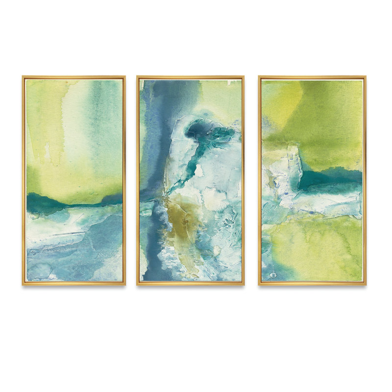«Yellow and Blue Splash», ensemble de 3 reproductions d'art moderne sur toile encadrées, H 32 po x l 48 po x P 1 po, Or