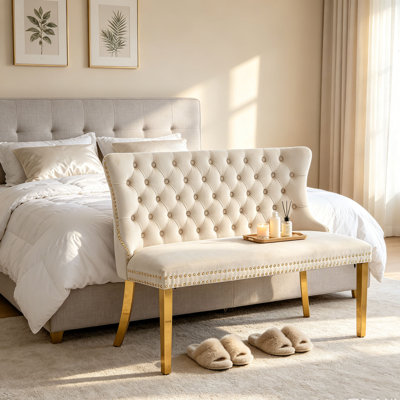 Banc en velours pour causeuse double, chaise de cuisine et de salle à manger capitonnée à 2 places avec boutons faits à la main, conception à oreilles et pieds en acier inoxydable argenté brossé, sièges de confort moderne de style Mid-Century pour la cuisine et la salle à manger