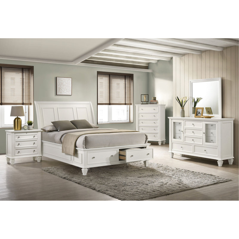 Très grand lit plateforme crème blanc avec panneaux et rangement