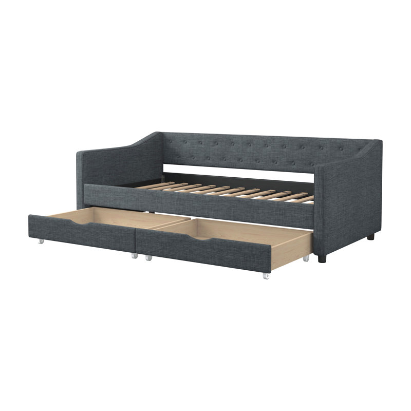 Lit de jour avec tiroirs, canapé-lit capitonné, avec boutons sur le dos et passepoil sur les accoudoirs ondulés, Lit simple