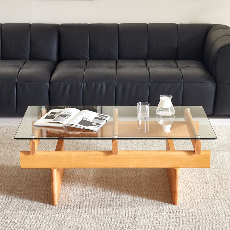 Glass Coffee Table for Living Room,100% Solid Wood Coffee Table with Rectangular Tempered Glass Top,Mid Century Modern Coffee Table,Wood