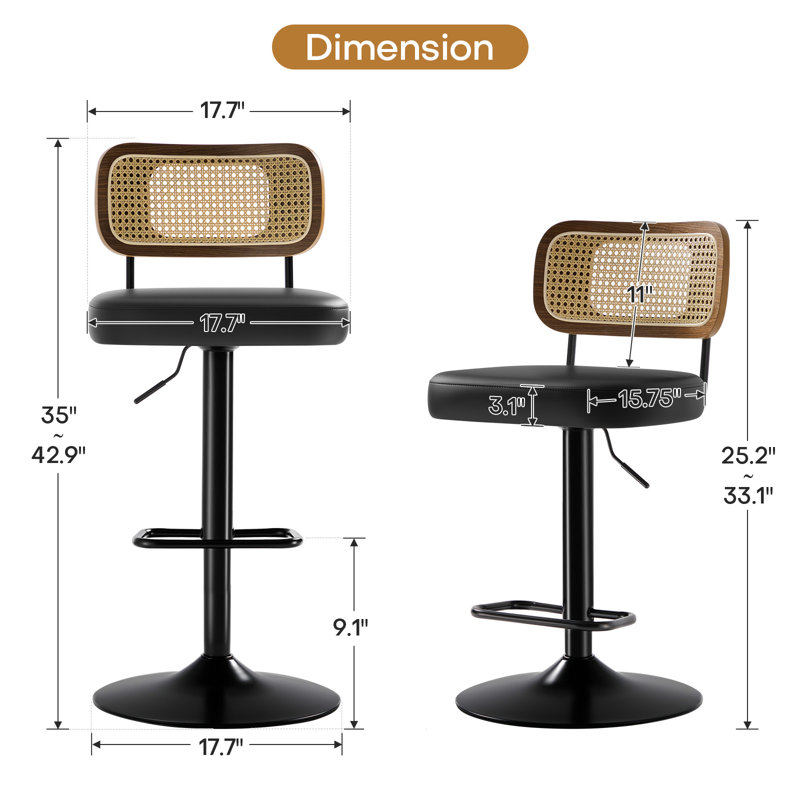 Adjustable Height 360° Swivel Bar Stools With Rattan Backrest, Black