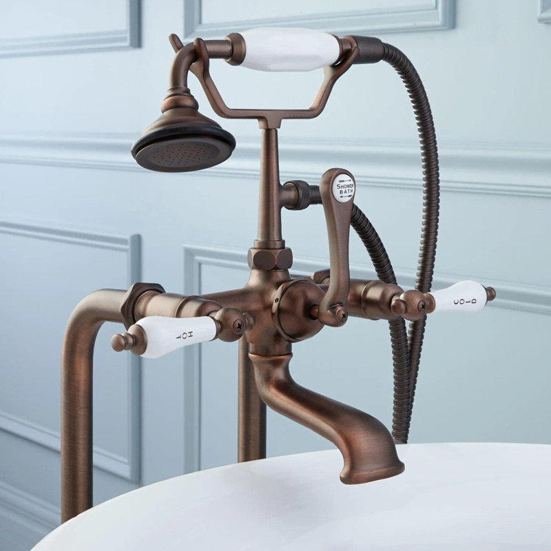 Telephone Style Floor Mounted Tub Faucet with Porcelain Lever Handles, Oil Rubbed Bronze