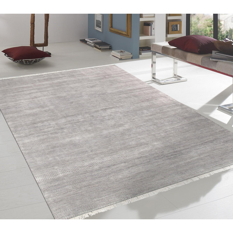 Hand Knotted Wool Area Rug in Black, Rectangle 9'' X 12' 2'', Silver Gray