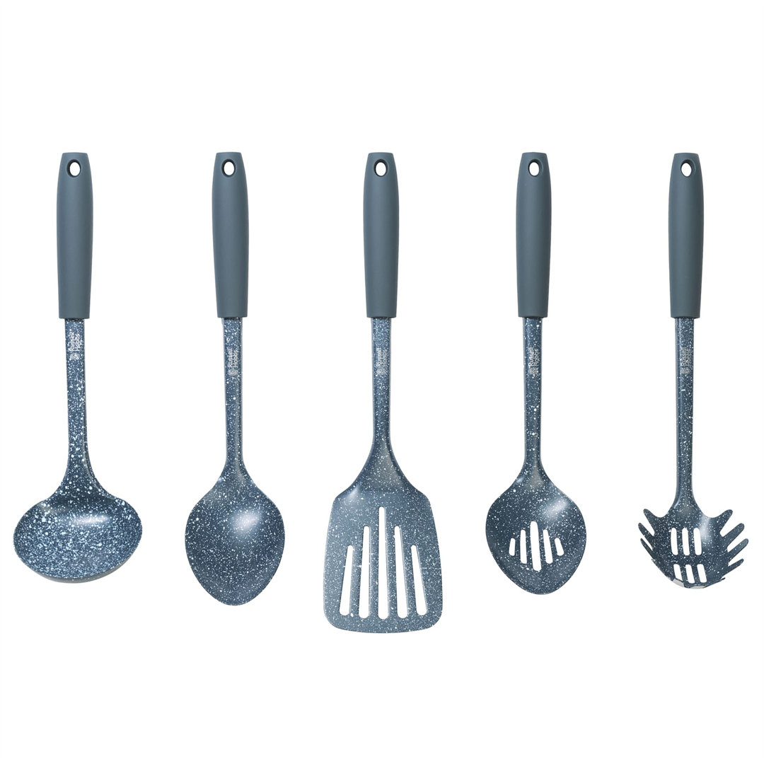 5 Piece Kitchen Utensil Set,  Spatula, Spaghetti Server, Ladle, Slotted And Solid Spoon, Soft-Touch Handles, Blue Marble