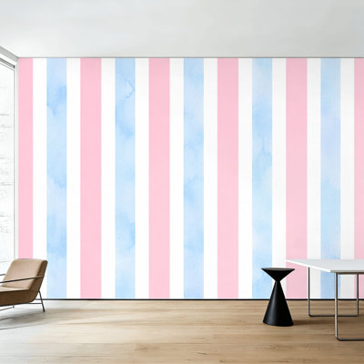 Papier peint adhésif à rayures roses et bleues pastel, motif aquarelle, 254 cm (H) x 366 cm (L), amovible, en PVC, pour chambre, salon ou bureau.