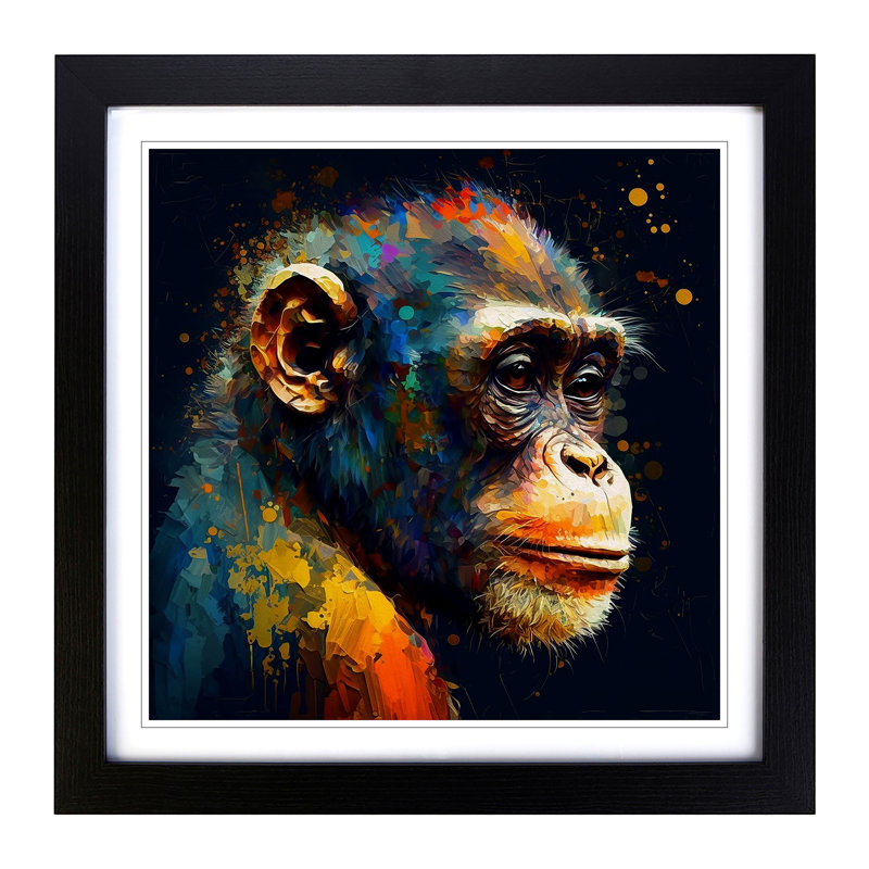 Monkey Palette Knife Painting No.3 - Single Picture Frame Print on Wood, Black