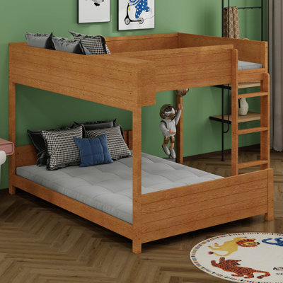 Wooden Bunk Bed With Built-In Storage Shelf & Ladder, Space Saving Bunk Bed With Slat Support