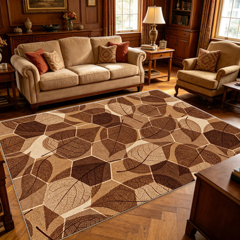 Brown Beige Leaf Geometric area rugs for Living Room, Soft and Comfortable, Suitable for all seasons, easy to maintain, machine washable Indoor floor mat, Under Table Farmhouse suitable for Bedroom, Dining Room, Study, Patio, Balcony, Home Decor