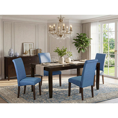 Ensemble de table de salle à manger 5 pièces comprenant une table rectangulaire en bois avec feuille papillon et 4 chaises rembourrées en tissu de couleur bleue, cappuccino