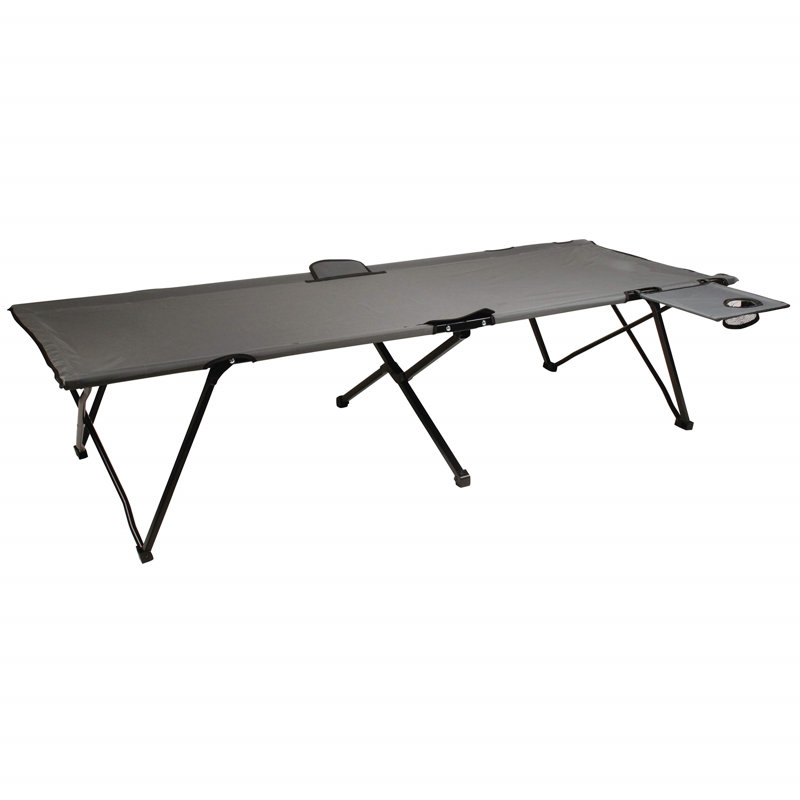 Gray Steel Camping Cot with Removable Side Table