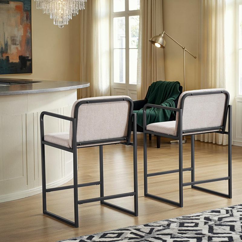 Elegant Counter Height Bar Stools Set of 2 – Upholstered Seats, Metal Frame, and Armrests for Kitchen Island or Home Bar
