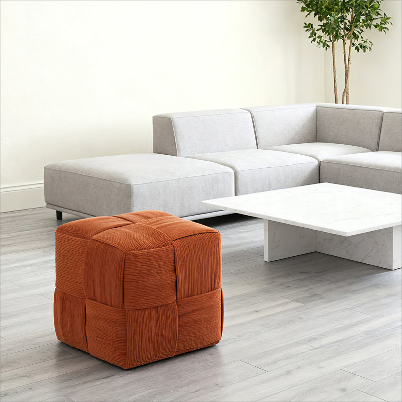 Square Corduroy Woven Design Ottoman, Orange