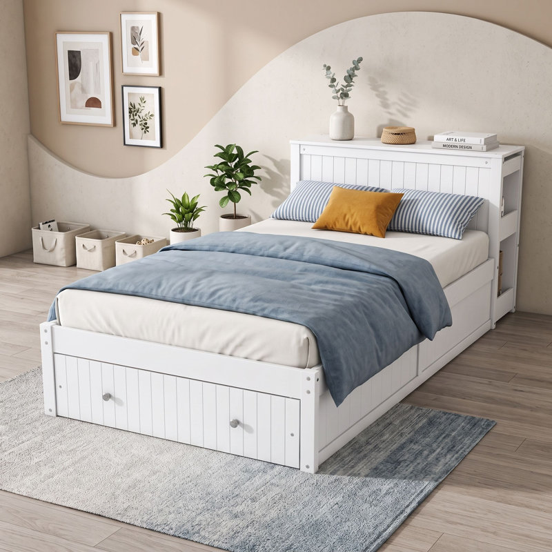 Twin Platform Bed with Integrated Desk and Storage Shelves, Drawer, Blanc