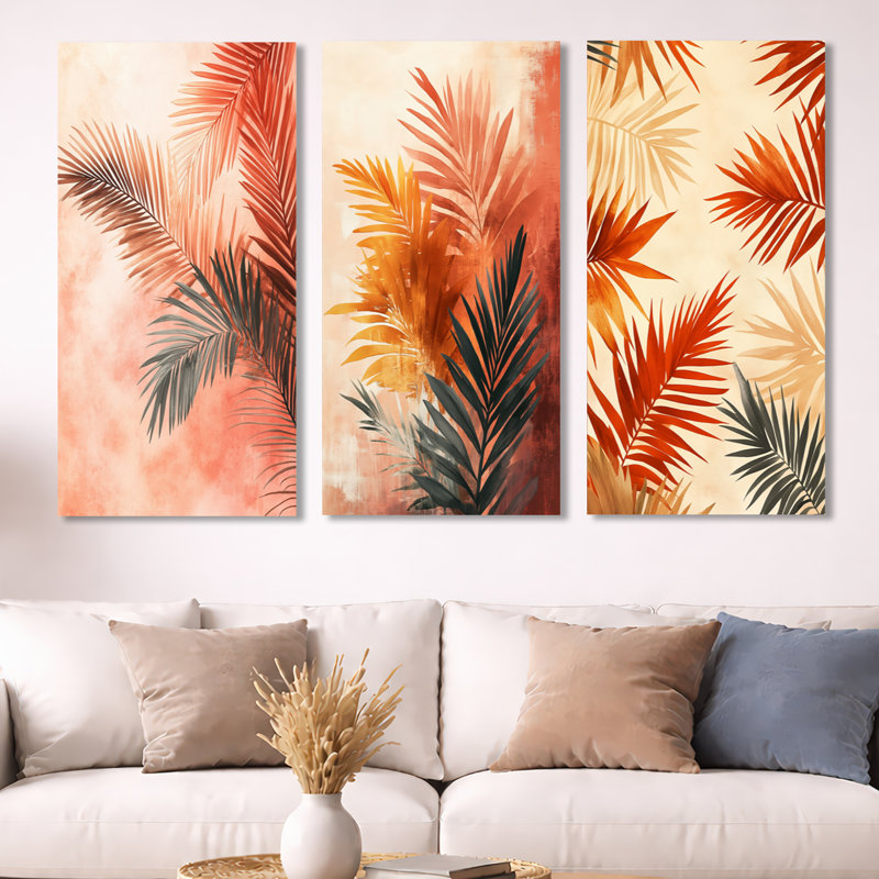 «Terracotta Palm Vibes - Pink Palms», ensemble de 3 reproductions d'art sur toile, H 32 po x l 48 po, Toile tendue