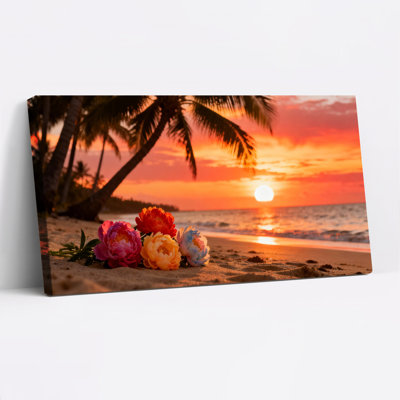 Tropical Sunset Beach With Palm Trees And Colorful Flowers Canvas Wrapped Wall Art Set Of 1