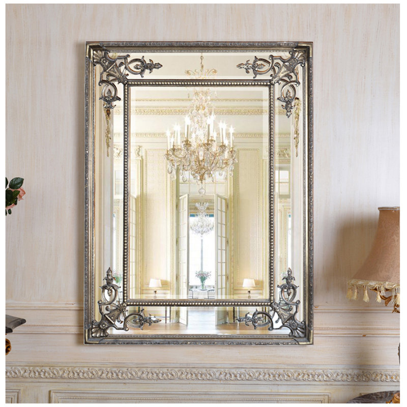Rectangle Solid Wood Beveled Mirror, Silver