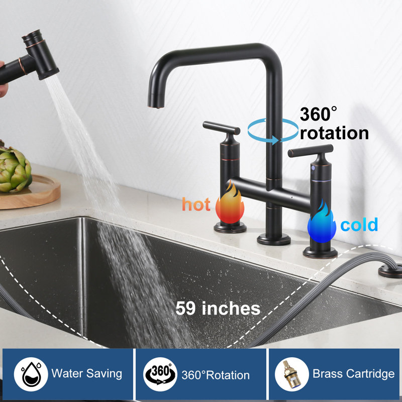 Brass 8" Deck Mount Bridge Kitchen Faucet With Brass Pull Out Side Sprayer, 4-Hole Double Handle Ktichen Faucet