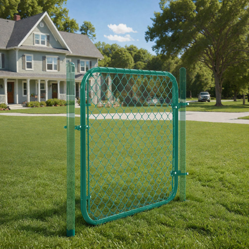  Barrière de clôture à chaînette verte H 4 pi x l 4 pi avec cadre rond, charnière et verrou pour enclos de jardin ou pour animaux, convient aux ouvertures de 52 po