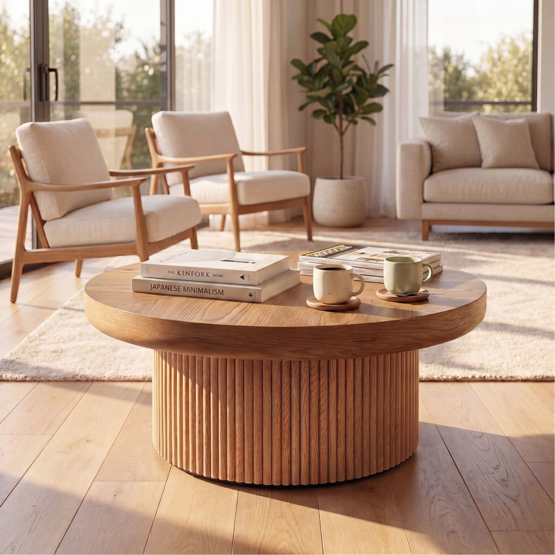 Table basse 33,5 po ronde cannelée avec plateau en bois véritable et base cylindrique, plateau de table épaissi, table basse Mid-Century