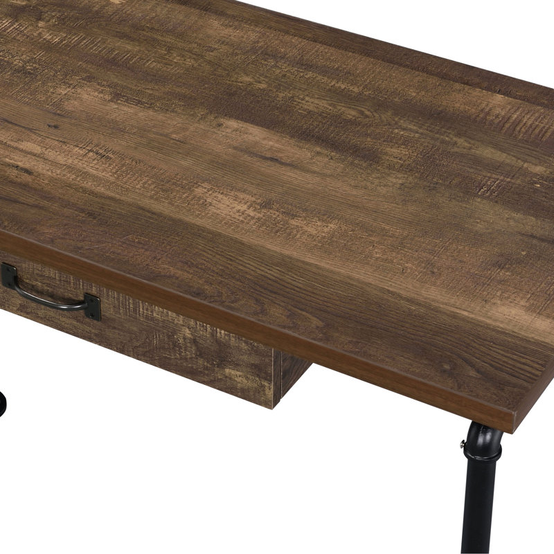 Bureau d'écriture avec aspect chêne vieilli et teinte noire, 1 tiroir, 3 tablettes de rangement, finition rectangulaire, niveau