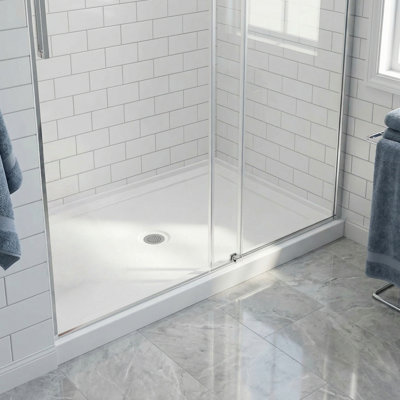 48" x 32" Acrylic Slip-Resistant Shower Base, Low Threshold, Fiberglass Reinforced, Center Drain, Integrated Tile Flange, for Small Bathrooms & Guest Baths
