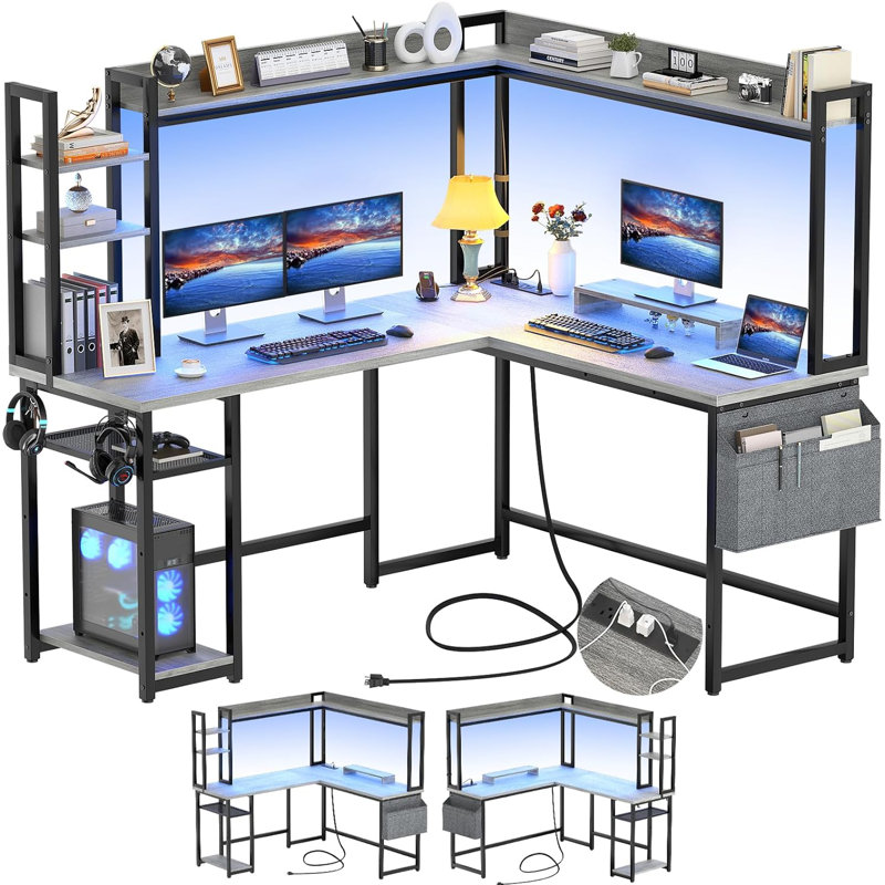Bureau en L Bianco avec huche et prise de courant, bureau d'ordinateur de coin de jeu avec lumières DEL, Chêne blanc / noir