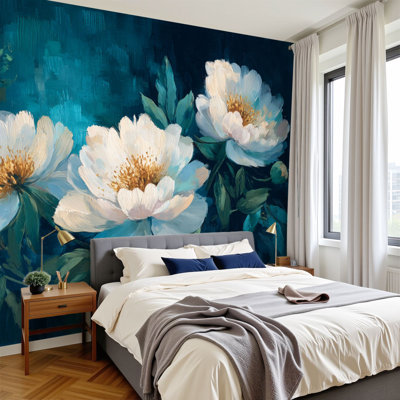 Boho Peel and Stick Wallpaper Cinematic Peony Navy Sage Green Foliage Accent Wall Murals 100"H x 144"W Removable PVC Wall Paper Self-Adhesive Wall Decor for Bedroom Living Room Home Office