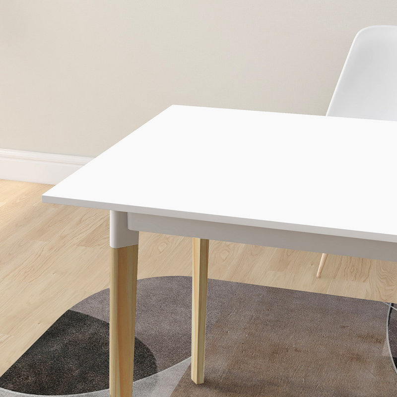 Table de salle à manger moderne, table de cuisine rectangulaire avec pieds en bois massif, blanc