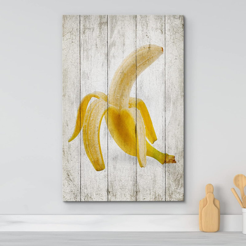 «Kitchen Food», rétro, panneau de bois rétro, banane sur toile, H 48 po x l 32 po x P 1,5 po