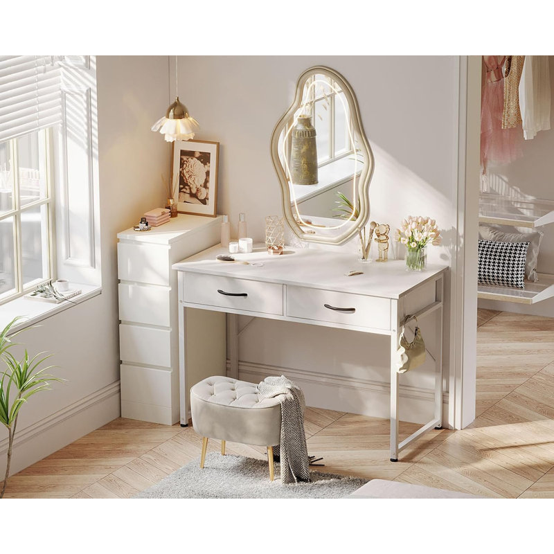 40 Inch Small Fabric Drawer Desk - Bedroom Vanity, Home Office Computer Desk For Small Spaces