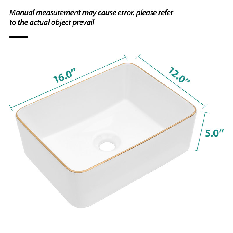 16 x 12 Inch White Ceramic Rectangular Vessel Sink with Gold Rim