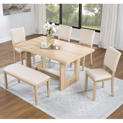 Ensemble de table de salle à manger 6 pièces avec banc, ensemble de table de cuisine rectangulaire en bois avec banc et 4 chaises rembourrées pour le salon, la cuisine, la salle à manger, la base en forme de U, le chêne clair et le beige