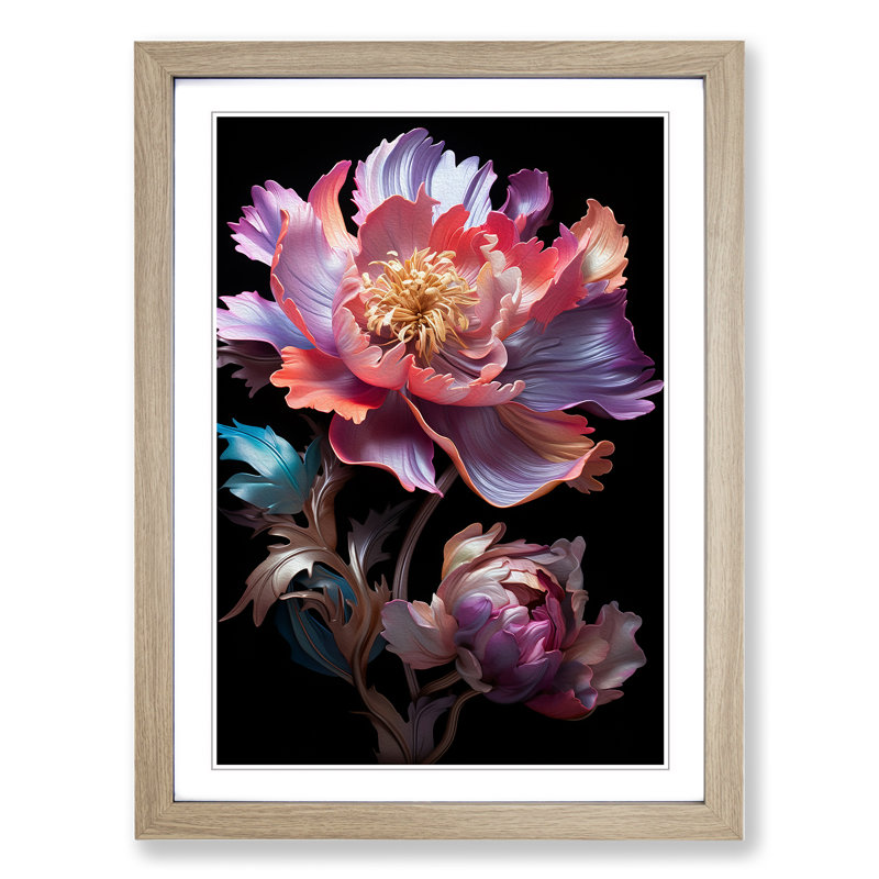 Peony Flower Neo-Plasticism No.3 - Single Picture Frame Print on Wood, Oak Framed, 64cm H x 46cm W x 2cm D