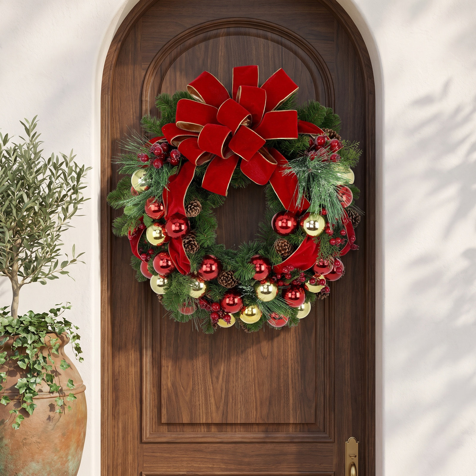 Red and Gold Holiday Wreath with Ornaments and Pine Cones