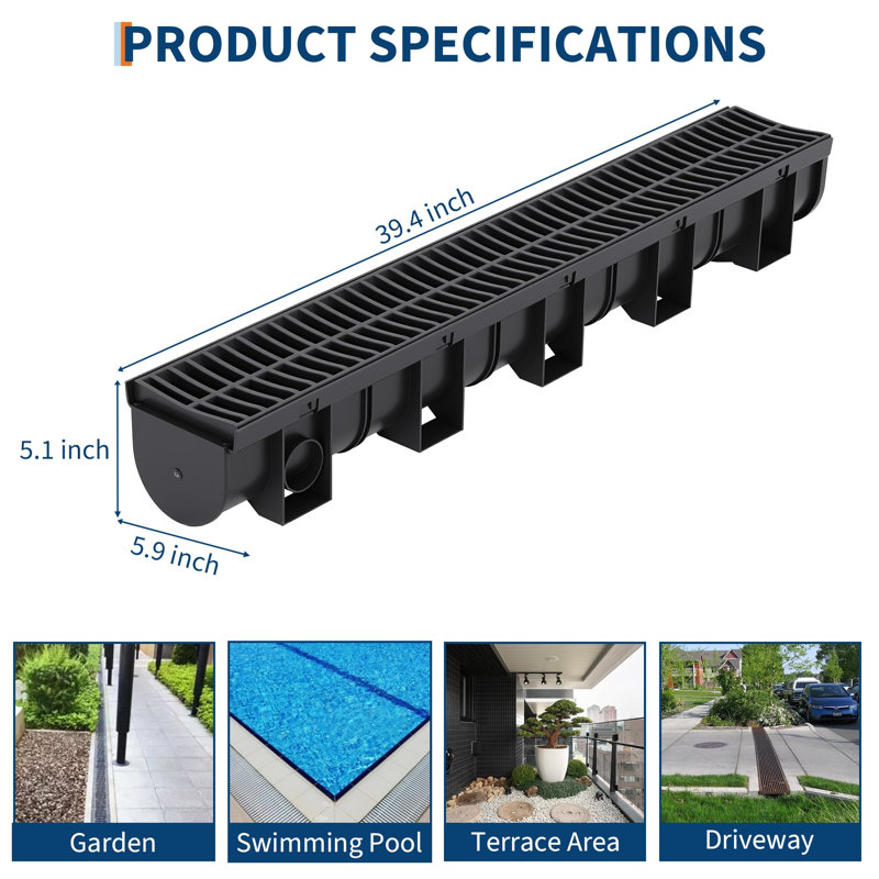 Paquet de 6, système de drainage de tranchée modulaire, drain en PEHD l 39,4 po x l 5,9 po x H 5,1 po avec grille en plastique, profil profond robuste pour l'allée, la piscine, le patio, le jardin et le trottoir