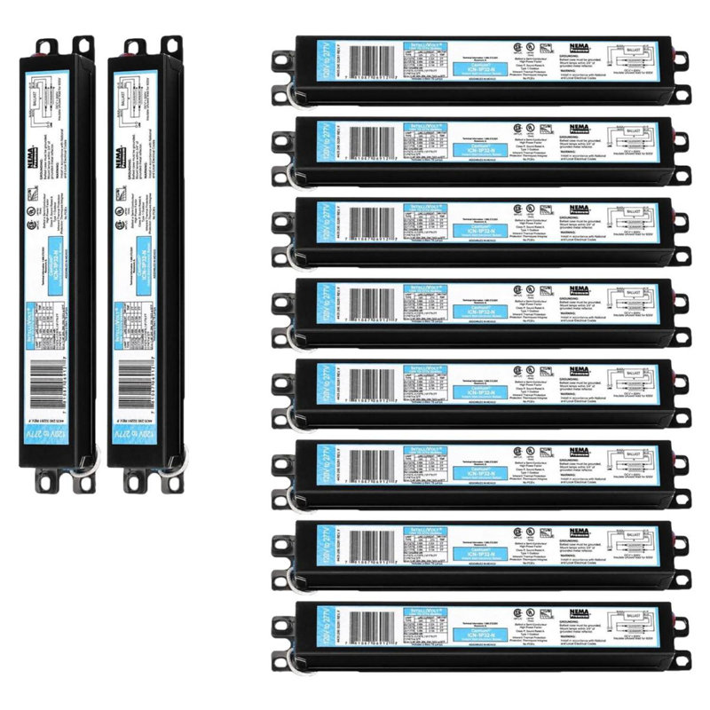 ICN1P32N, 120 à 277 V, fréquence d'entrée 50 à 60 Hz, type à fil solide, ballast fluorescent électronique à démarrage instantané pour 1 type de lampe F32T8, utilisation intérieure / extérieure avec boîte de ballast à redémarrage automatique,