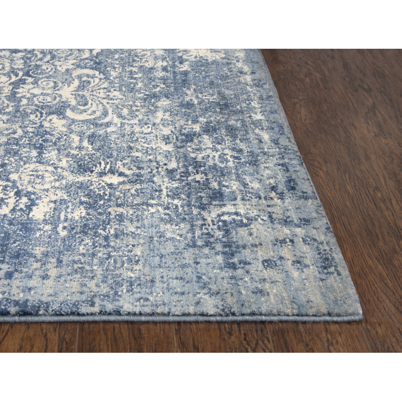 Tapis bleu/blanc en laine tissée à la machine Burkhardt, Tapis de couloir 2 pi 6 po x 8 pi