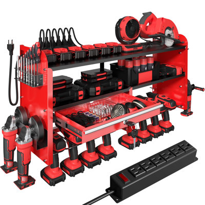 Organisateur mural pour outils électriques avec support pour perceuse, support pour meuleuse, support pour marteau et pinces, tiroirs verrouillables, étagère de chargement à 6 prises, rangement d'outils en métal pour garage, atelier, (Rouge)