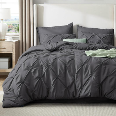 King Size Comforter Set Dark Grey - Bed in a Bag Bedding Set 7 Pieces, GentleSoft Pintuck Bed Set Gift for Family, Pinch Pleat Dark Grey Comforter with Sheets, Pillowcases & Shams