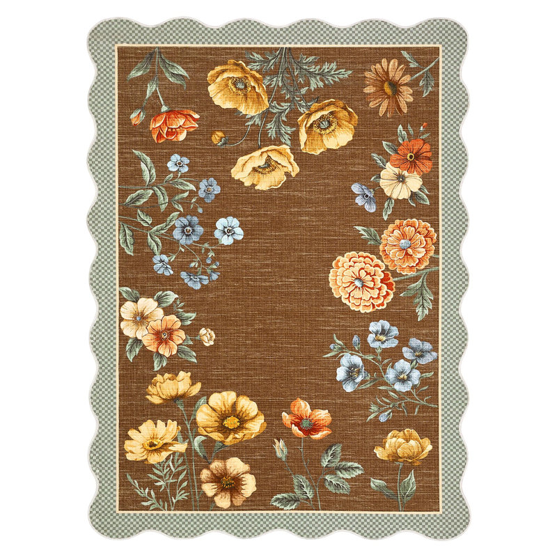 Scalloped Rug Machine Washable Floral Living Room Rugs Non Slip Bedroom Carpet for Nursery Dining Room Dorm Office, Brown